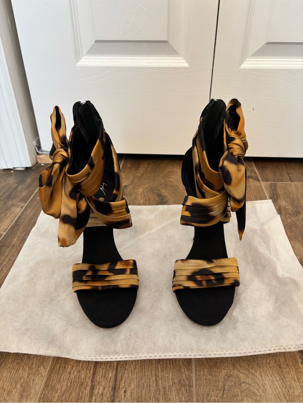 Giuseppe Zanotti Leopard Print Satin Wrap Heels with Bow Accent - Women